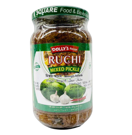 Jar of Dolly's Recipe Ruchi Mixed Pickle on a white background