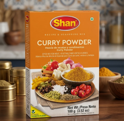 A box of Shan Curry Powder spice mix displayed on a wooden table with blurred spice jars and bowls in the background. The packaging is predominantly orange with a white lower section and a colorful illustration of ingredients.
