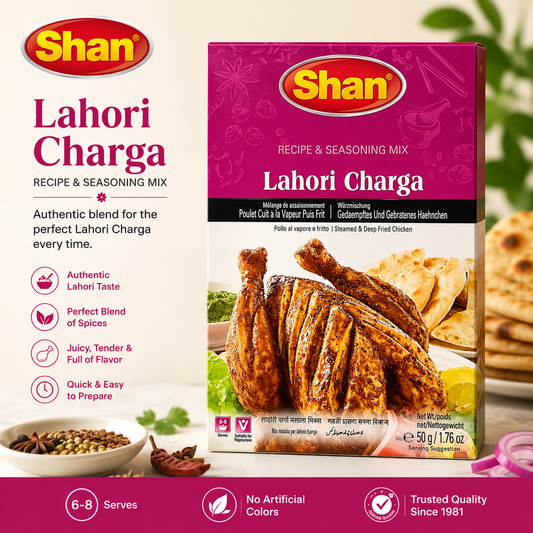 Shan Lahori Charga seasoning mix packaging with chicken and naan background