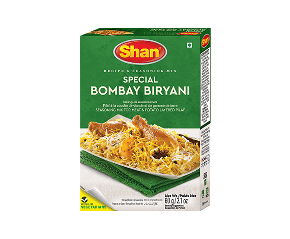 Box of Shan Special Bombay Biryani seasoning mix on a white background