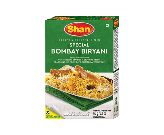 Box of Shan Special Bombay Biryani seasoning mix on a white background