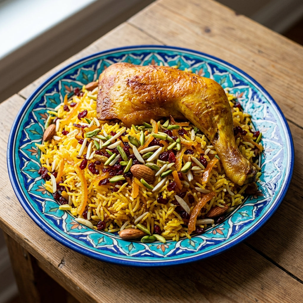 Chicken leg quarter (Morgh) with Shirin Polo