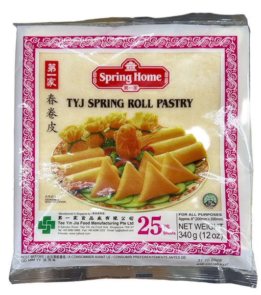 Packaging of Spring Home TYJ Spring Roll Pastry with a visual of the product on a white background.