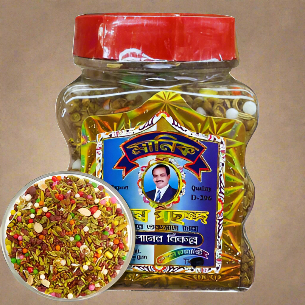 Spice jar with a colorful label featuring a portrait on a white background