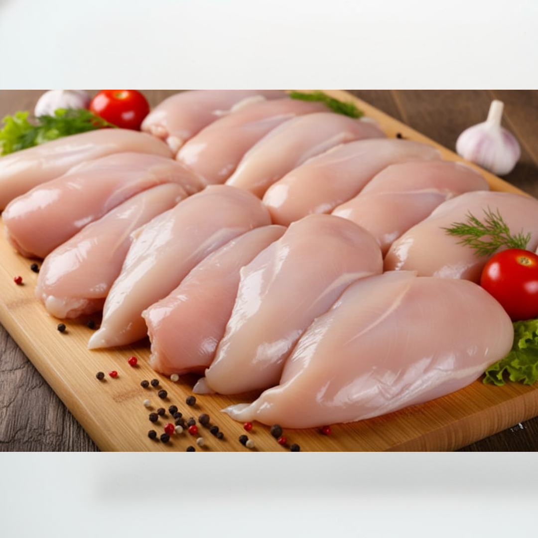 Zabiha Halal Raw chicken breasts on a wooden cutting board with vegetables