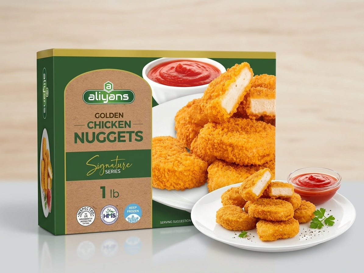 Aliyans Golden Chicken Nuggets Signature Series 1 lb box packaging shown next to a plated serving of golden-brown breaded chicken nuggets with ketchup on a light wood background.