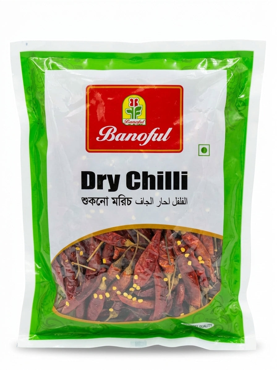 Banoful Dry Chilli in a green and white plastic bag with a clear window showing dried red chilies inside.