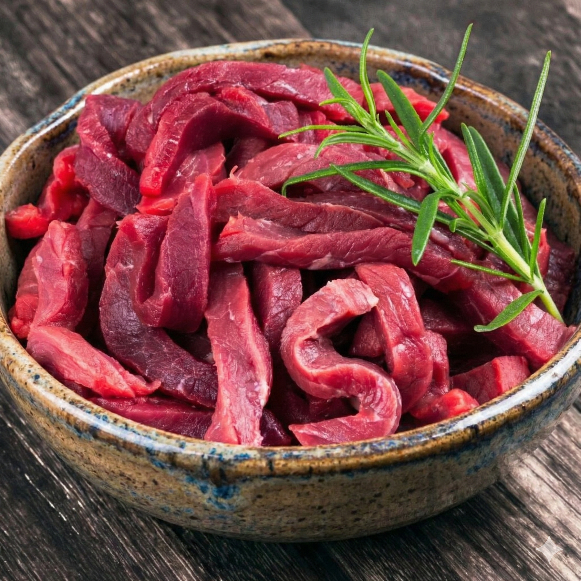 beef fajita strip slices in a bowl with rosemary on a wooden surface