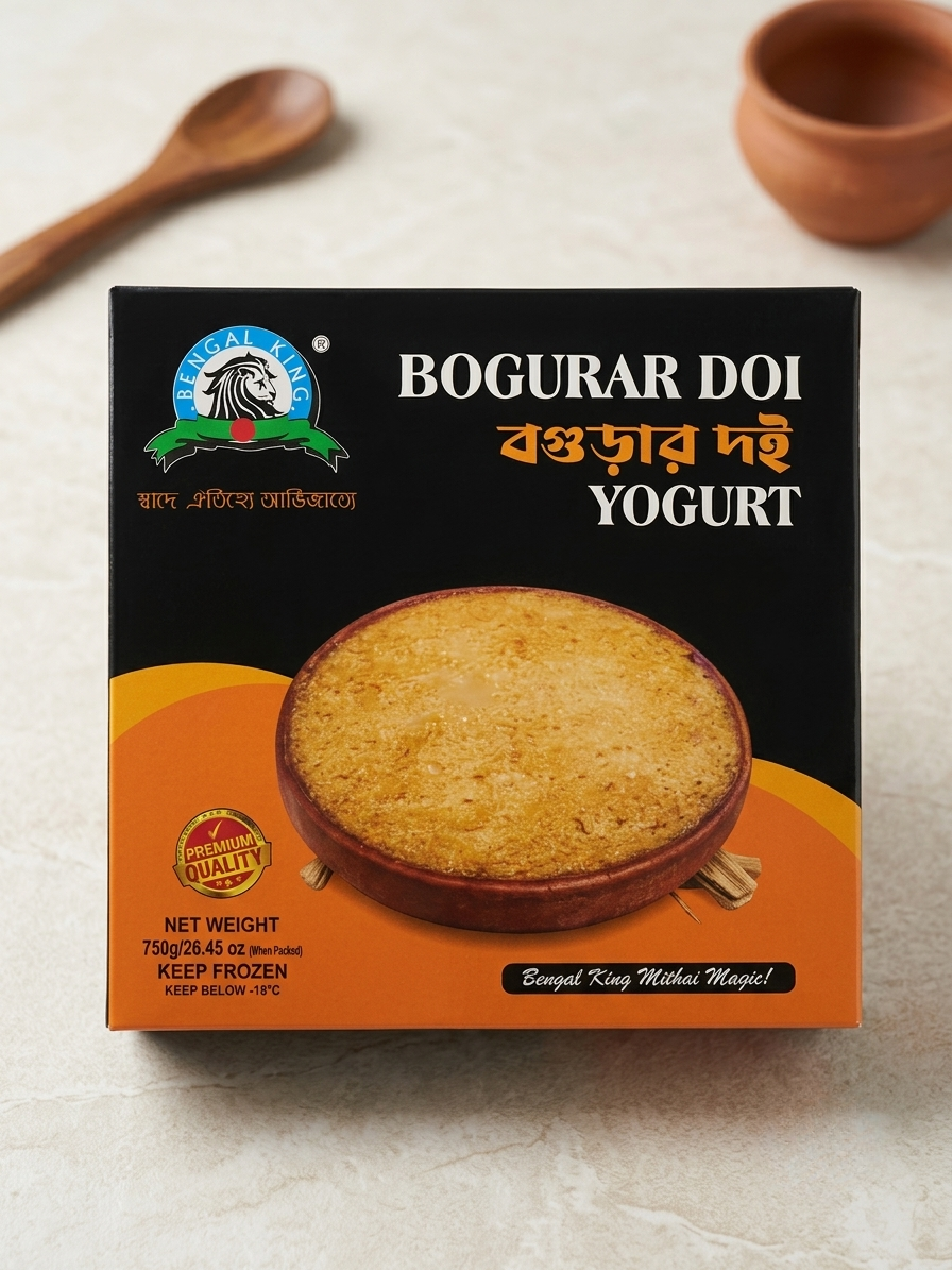 A box of Boogar Doi Yogurt on a light textured surface, with a wooden spoon and clay bowl blurred in the background. The packaging is black and orange with a photo of a baked yogurt dish.