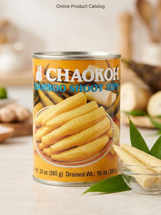 A can of Chaokoh Bamboo Shoot Tips on a light countertop with fresh bamboo shoots and green leaves in the foreground and a blurred kitchen background.
