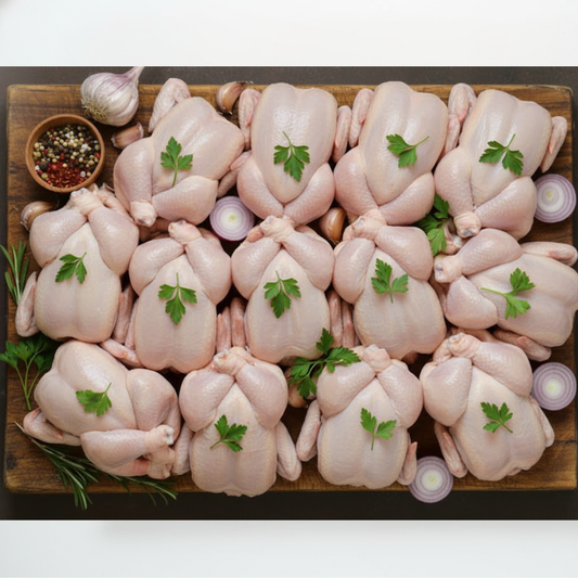 Raw chickens on a wooden board with herbs and spices