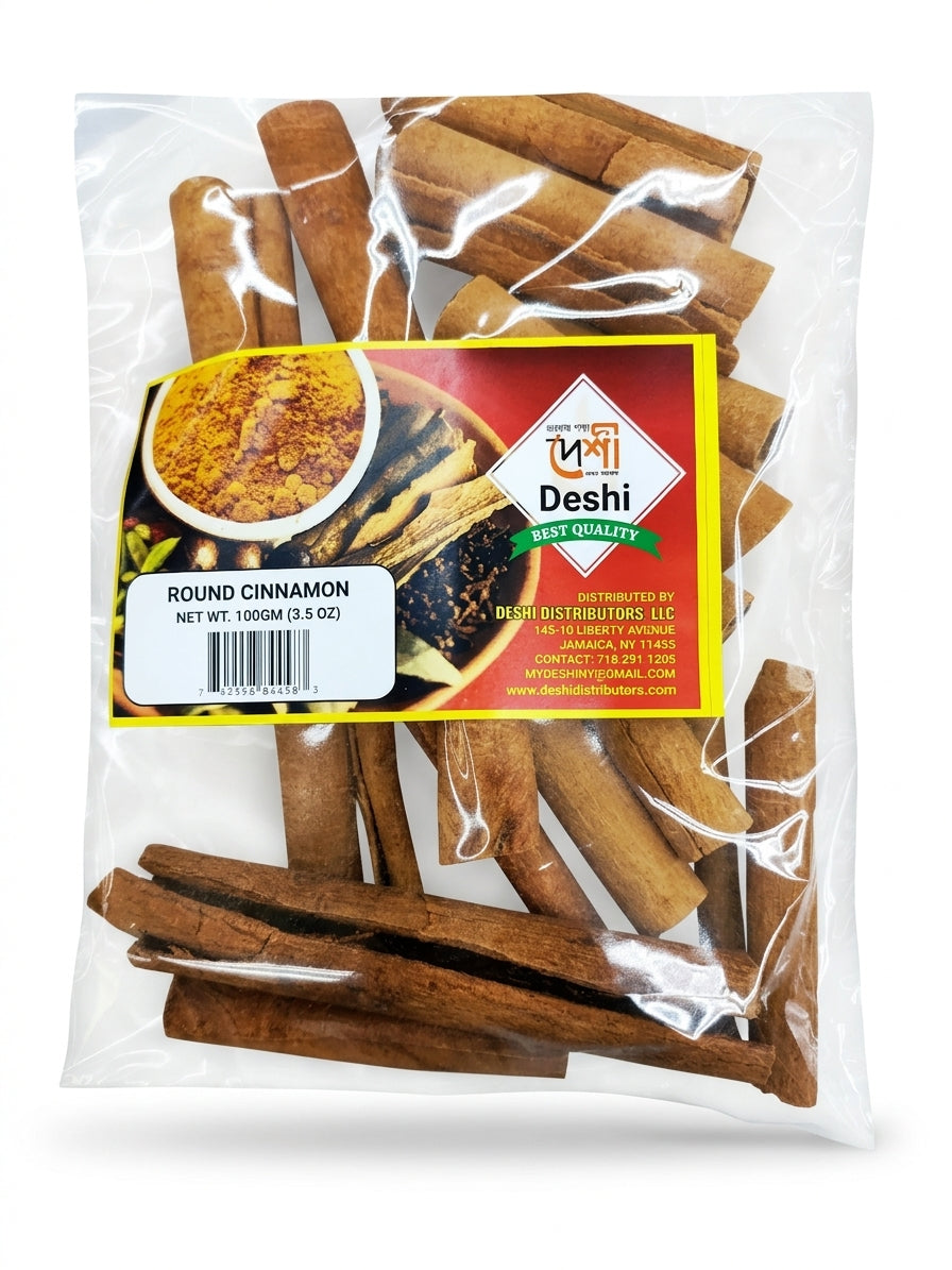 A clear plastic bag of Deshi brand round cinnamon sticks, showing the brown cinnamon pieces inside with a yellow and red product label on the front, set against a plain white background.