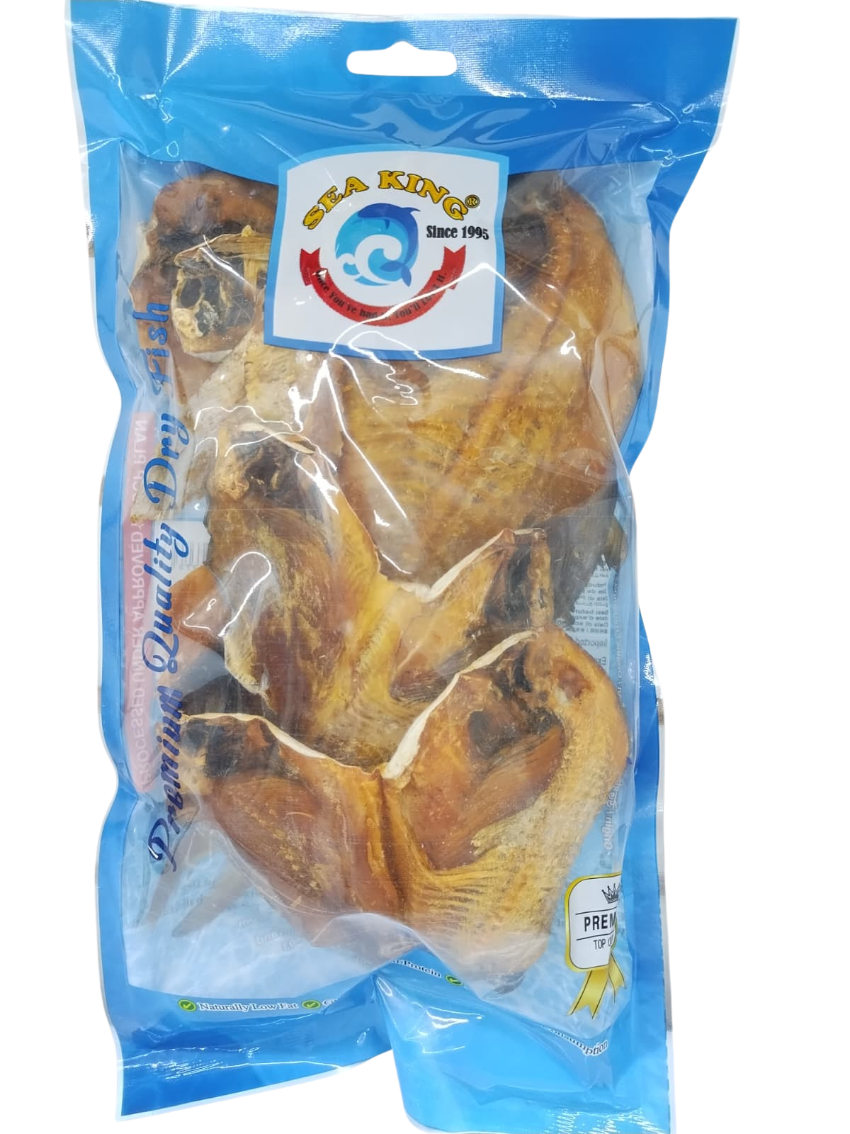 Packaged dried silver pomfret fish with a blue label on a white background