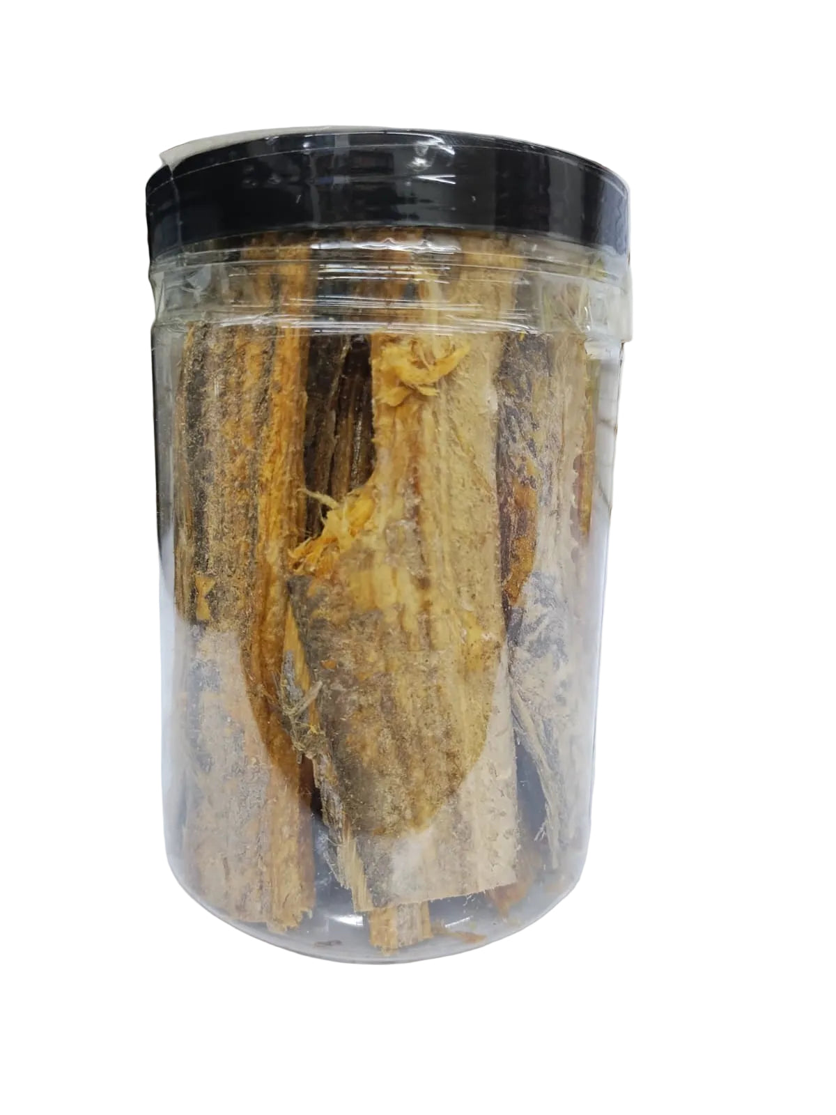 Jar with a black lid containing dried roots or herbs on a white surface.
