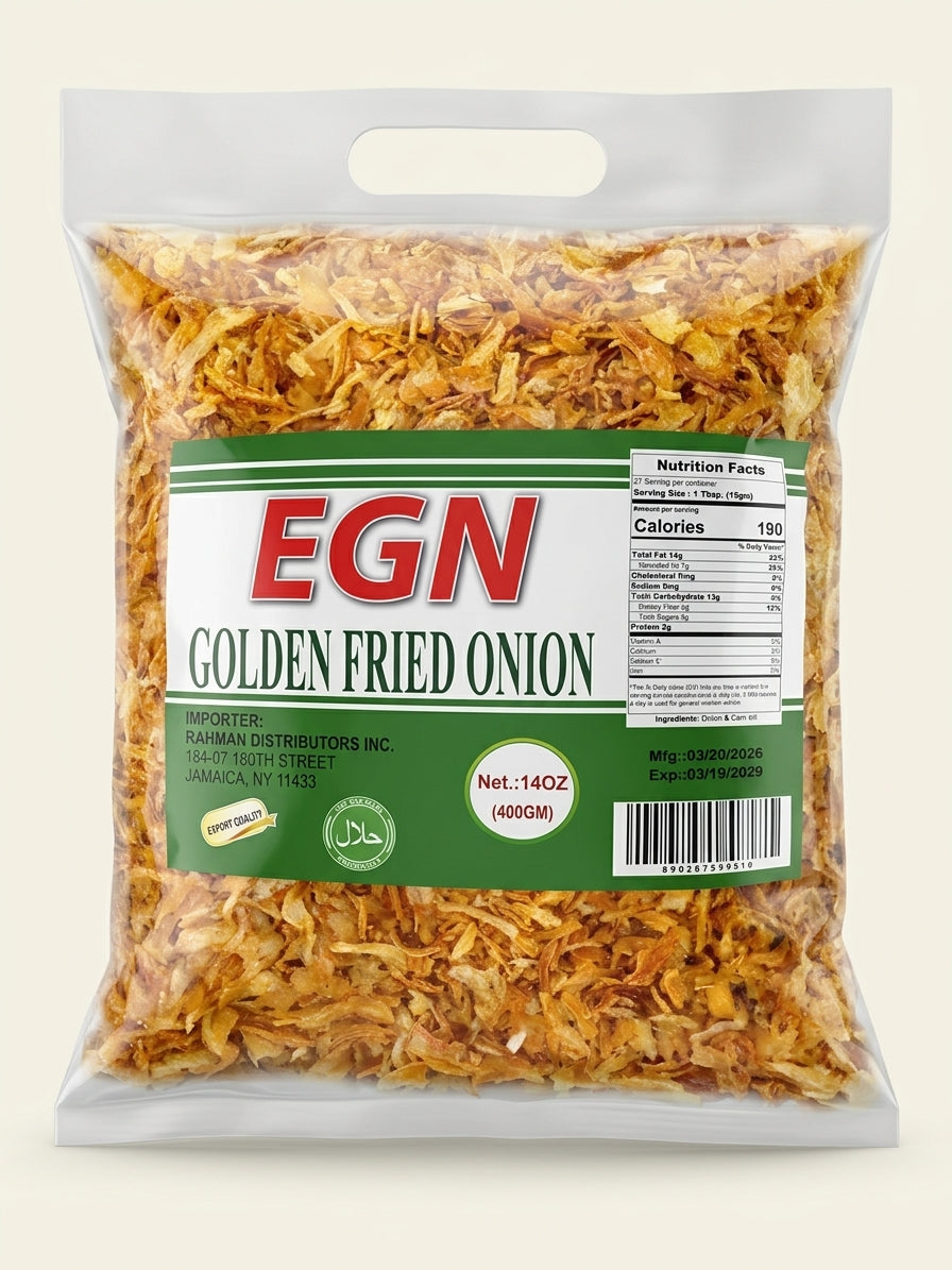 A 14 oz bag of EGN Golden Fried Onion, showing the shredded golden onion contents through a clear plastic bag with a green and white label.