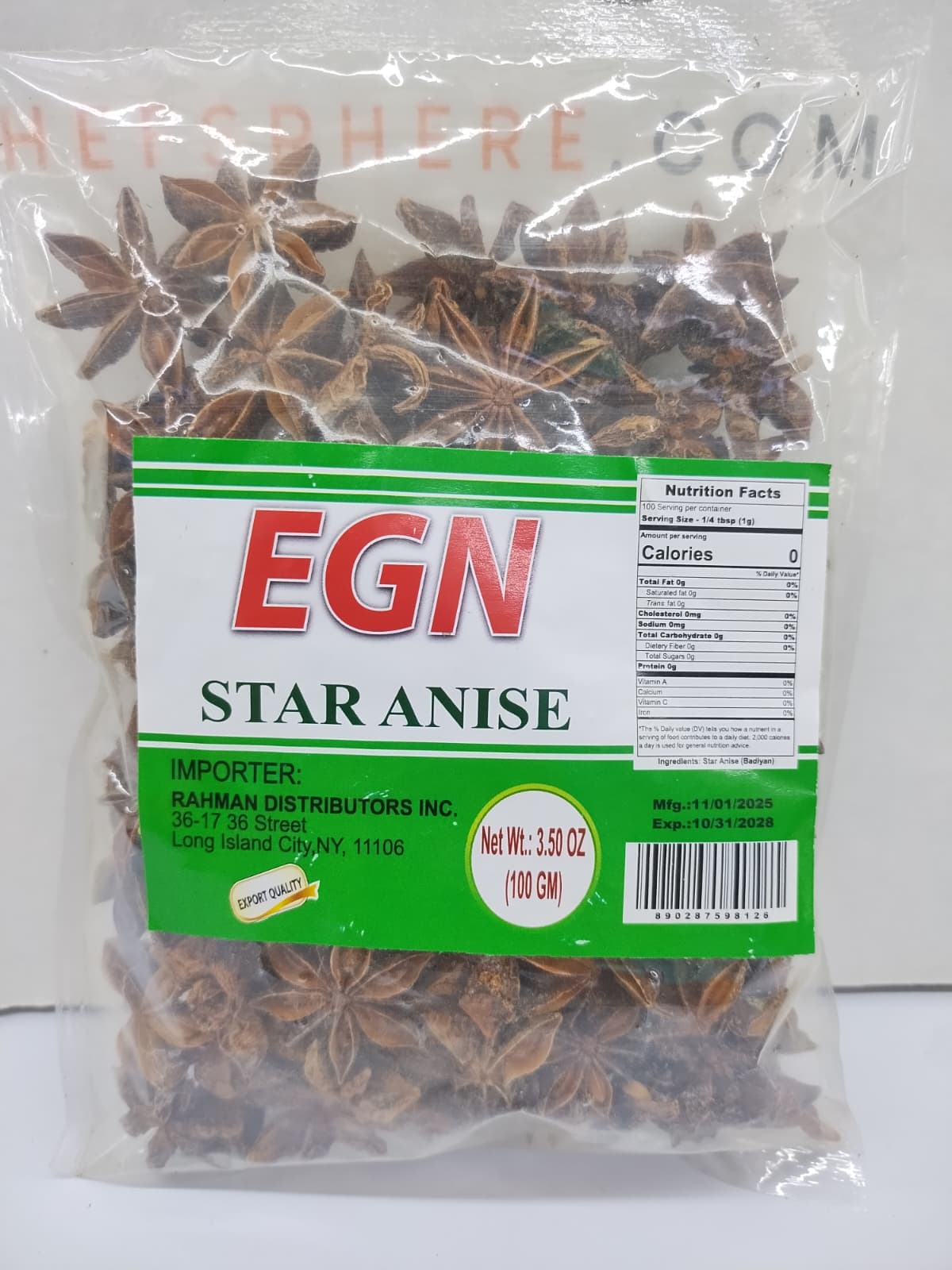 A clear plastic bag filled with brown star anise spices, featuring a green and white label with the red text 'EGN STAR ANISE'.