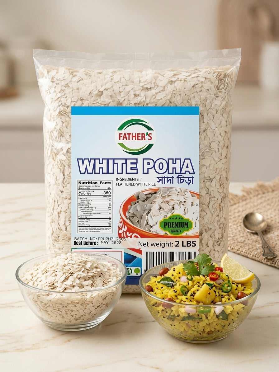 A 2 lb bag of Father's White Poha (flattened white rice) displayed on a marble countertop with two glass bowls containing prepared rice dishes, set against a blurred kitchen background.