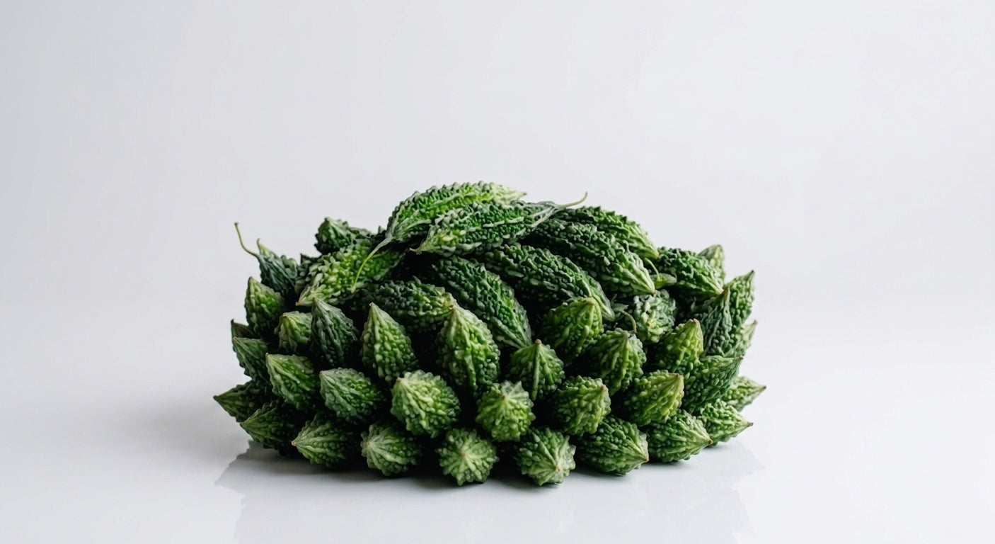A pile of fresh, green, bumpy bitter melon fruits on a clean white reflective surface.
