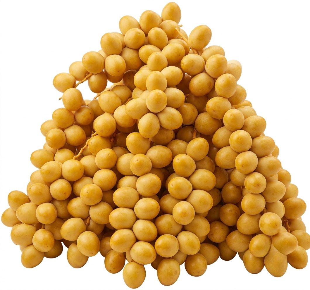 A pile of small round golden-yellow fruits, likely mustard seeds or small berries, isolated on a white background.