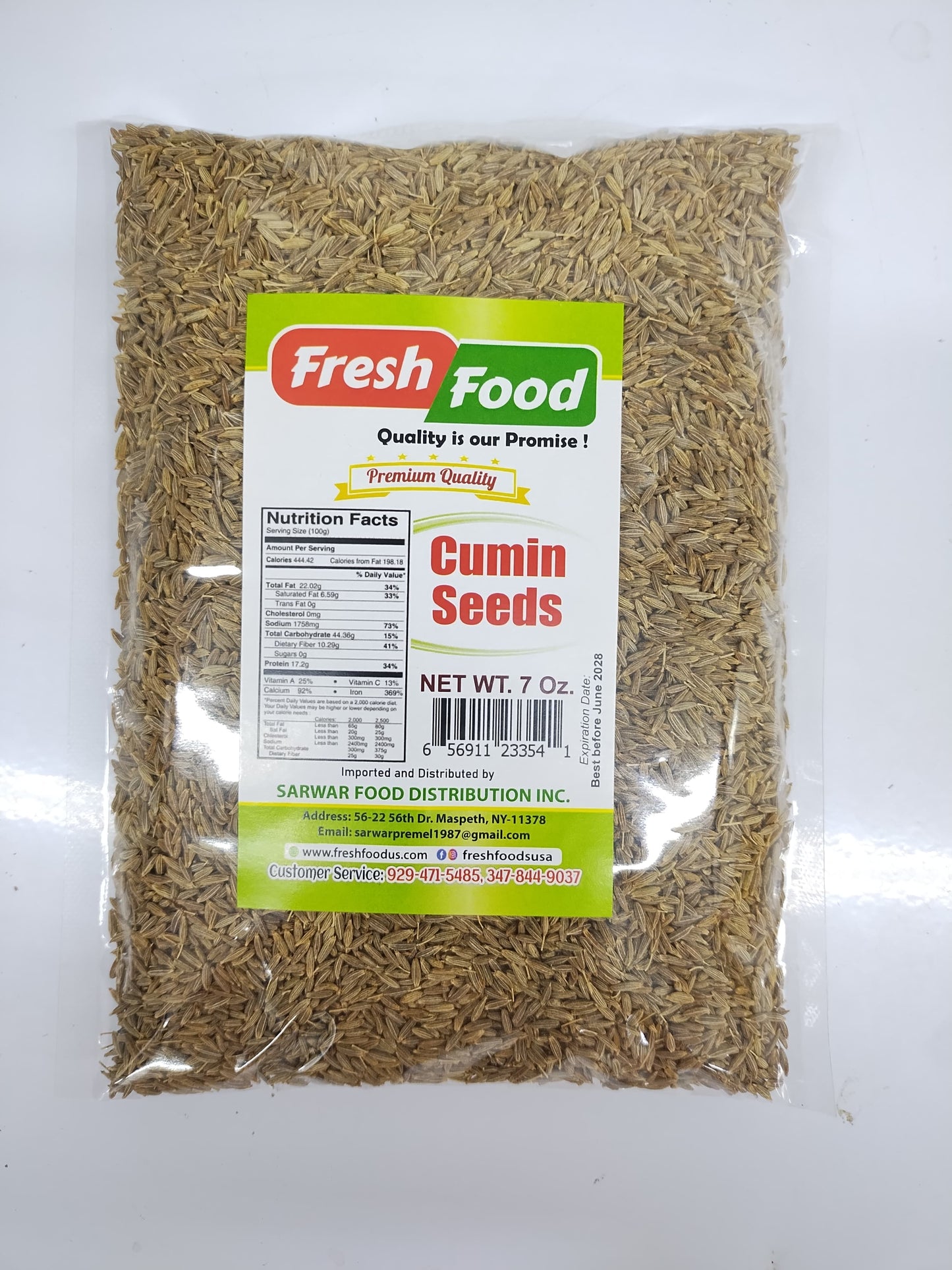 A 7 oz bag of Fresh Food brand Cumin Seeds, showing the loose seeds through a clear plastic bag with a green and white label.