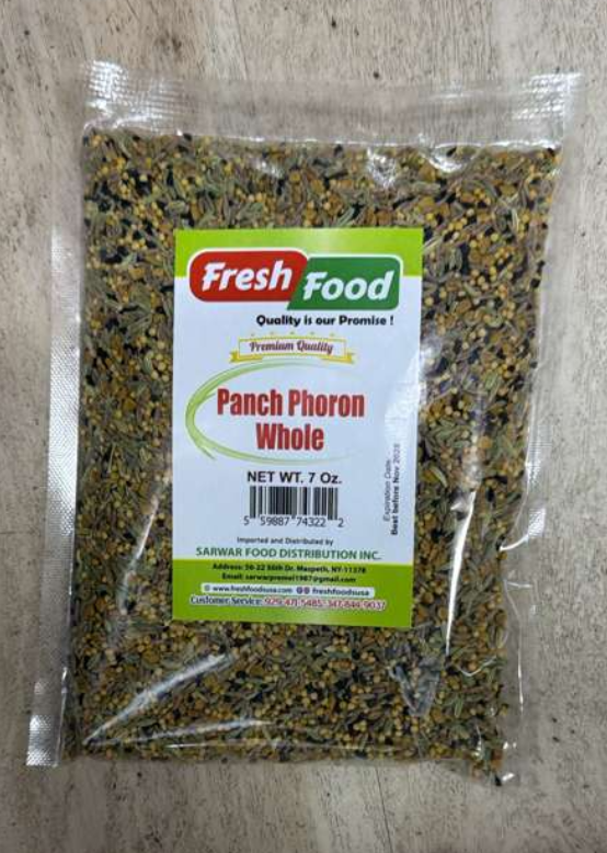 Packaged Panch Phoron Whole with a 'Fresh Food' label on a wooden surface