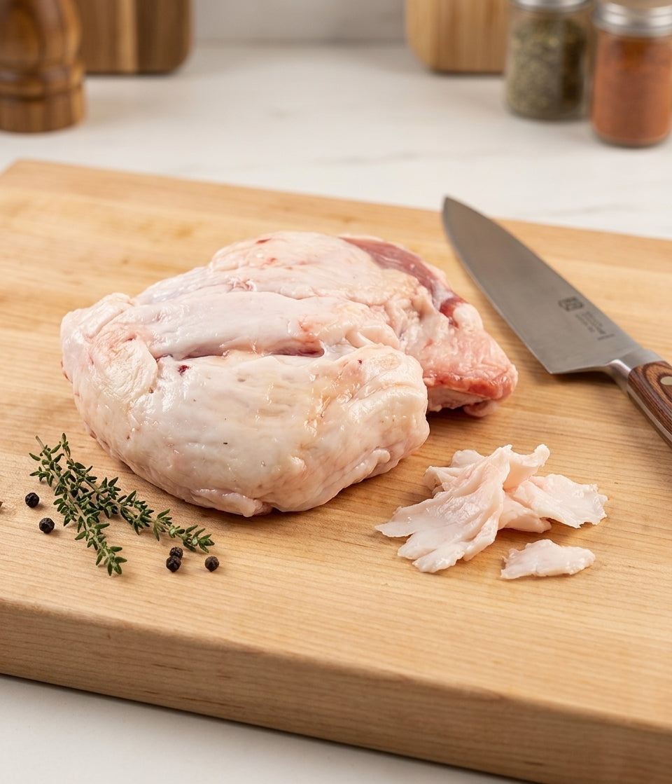 Raw chicken breast on a wooden cutting board with a chef's knife, thyme sprig, and peppercorns, with a blurred kitchen background.