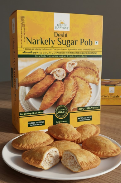 Box of Deshi Narkely Sugar Pob with pies on a plate in front