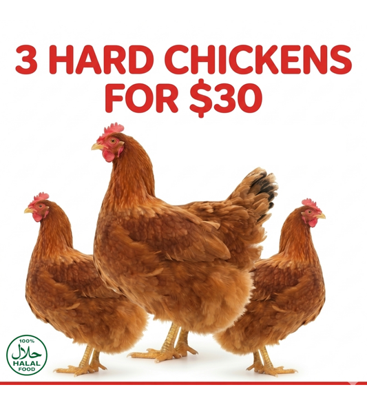 Three brown chickens with promotional text '3 Hard Chickens for $30' on a white background.