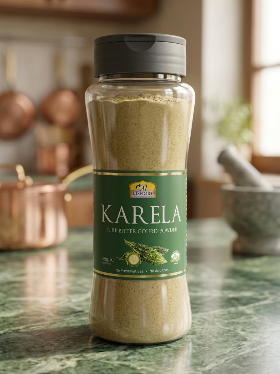 A bottle of Karela pure bitter gourd powder, set on a green marble countertop with a blurred kitchen background.