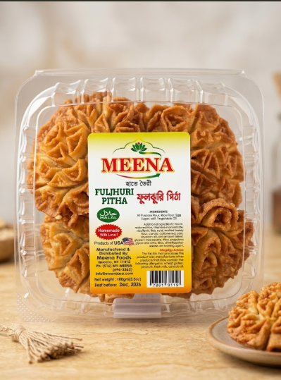 Meena Fulhuri Pitha (Indian whole wheat flour cakes) in a clear plastic clamshell package with a yellow and white label, set on a wooden surface with a small plate of a cake in the foreground.
