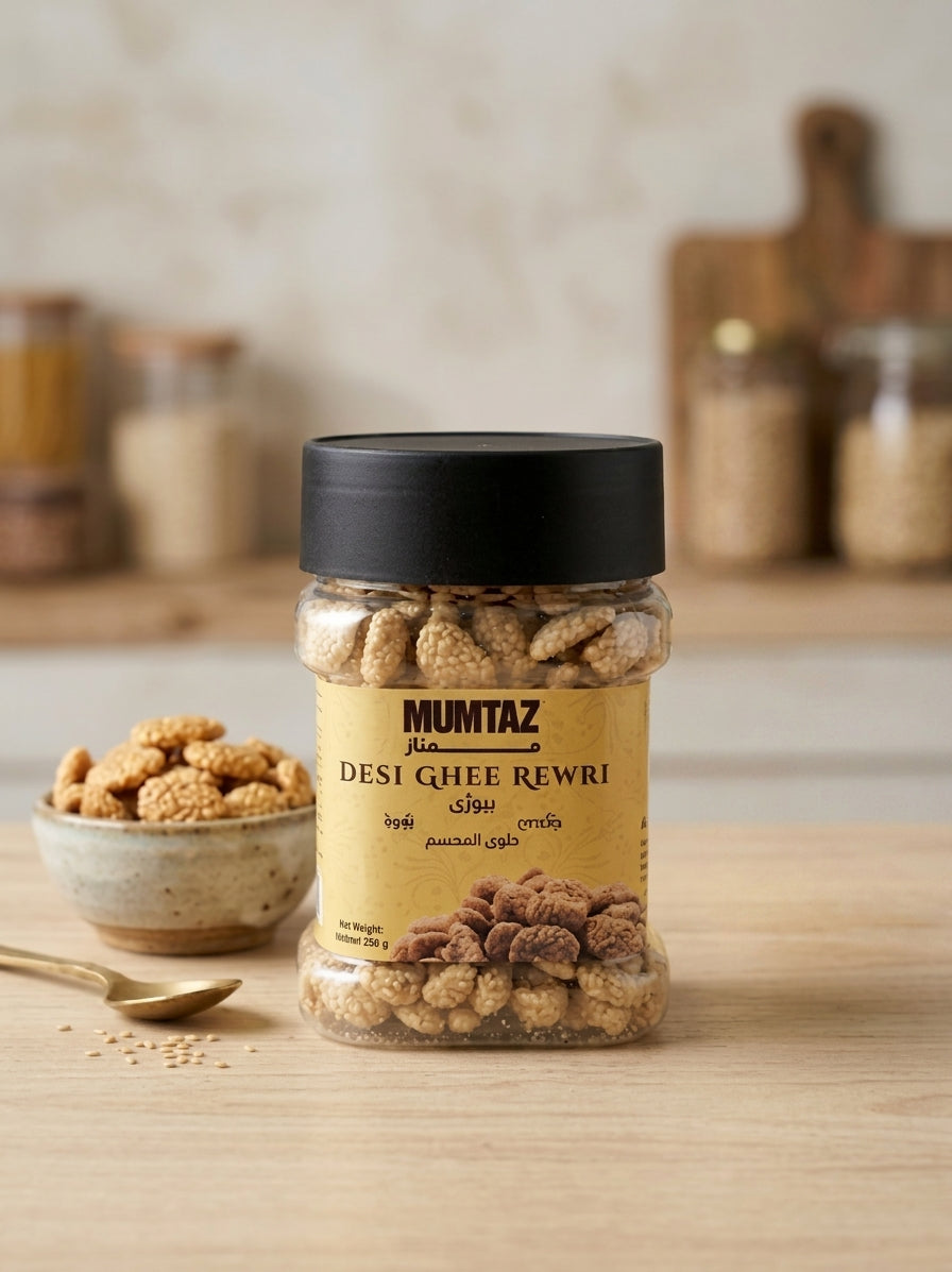 A jar of Mumtaz Desi Ghee Rewri (Indian almond snacks) on a wooden table with a small bowl and spoon of the snacks, set against a blurred kitchen background.