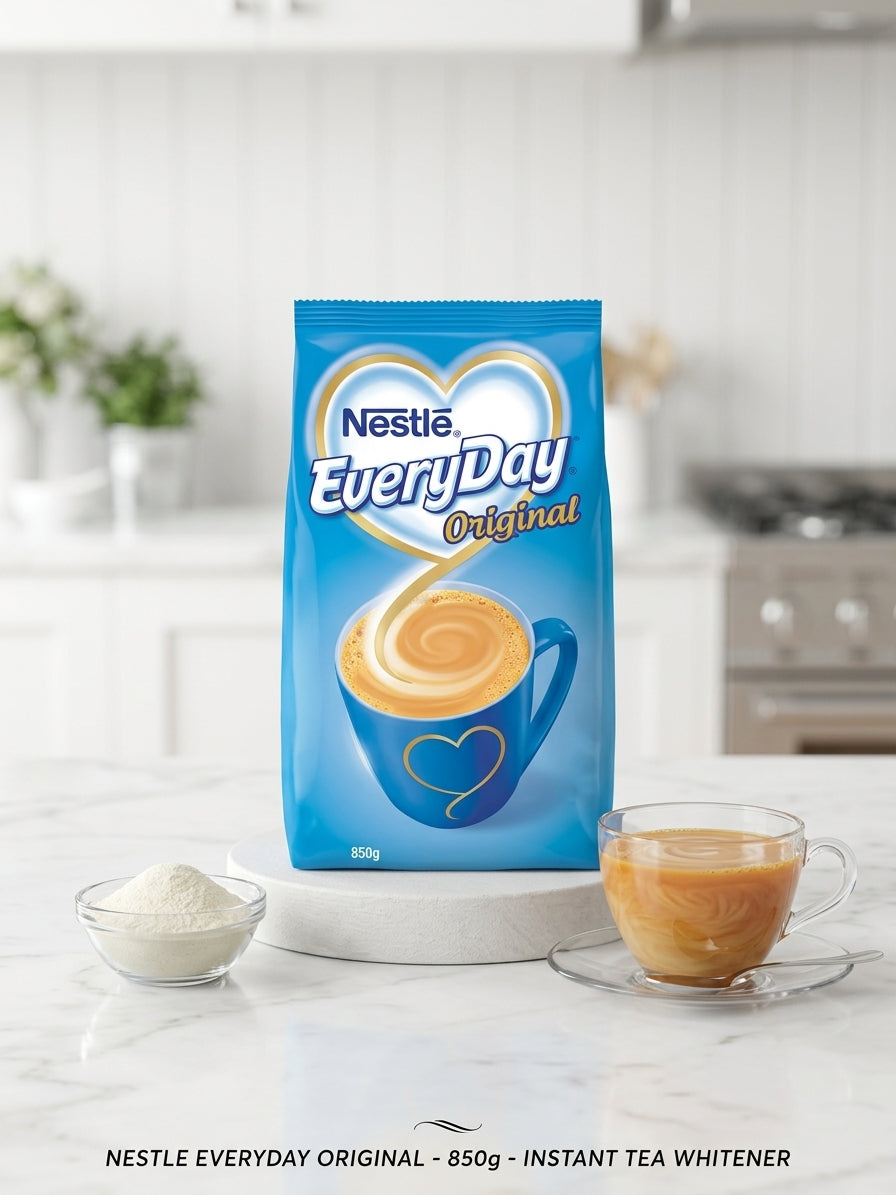 A 850g bag of Nestle Everyday Original Instant Tea Whitener stands on a white pedestal in a bright kitchen setting, flanked by a small bowl of white powder and a glass cup of brewed tea.