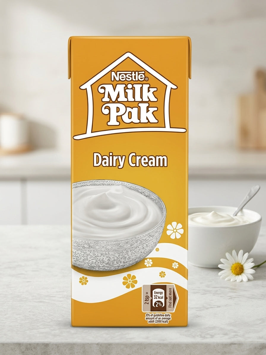 A carton of Nestlé Milk Pak Dairy Cream standing on a light countertop, with a bowl of cream and a daisy in a softly blurred kitchen background.