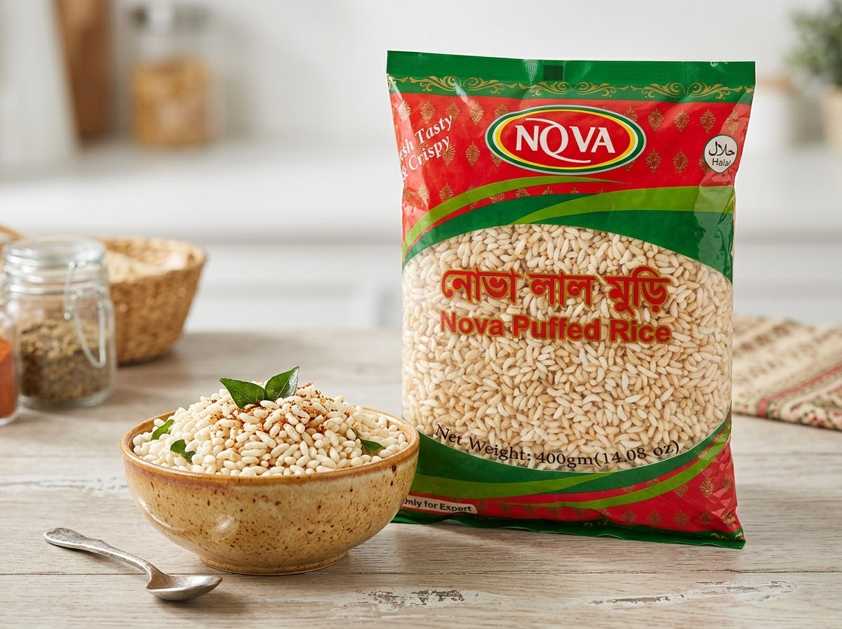 A bag of NOVA Nova Puffed Rice stands on a wooden table next to a ceramic bowl filled with the puffed rice, garnished with a green leaf, with a spoon in the foreground and blurred kitchen items in the background.