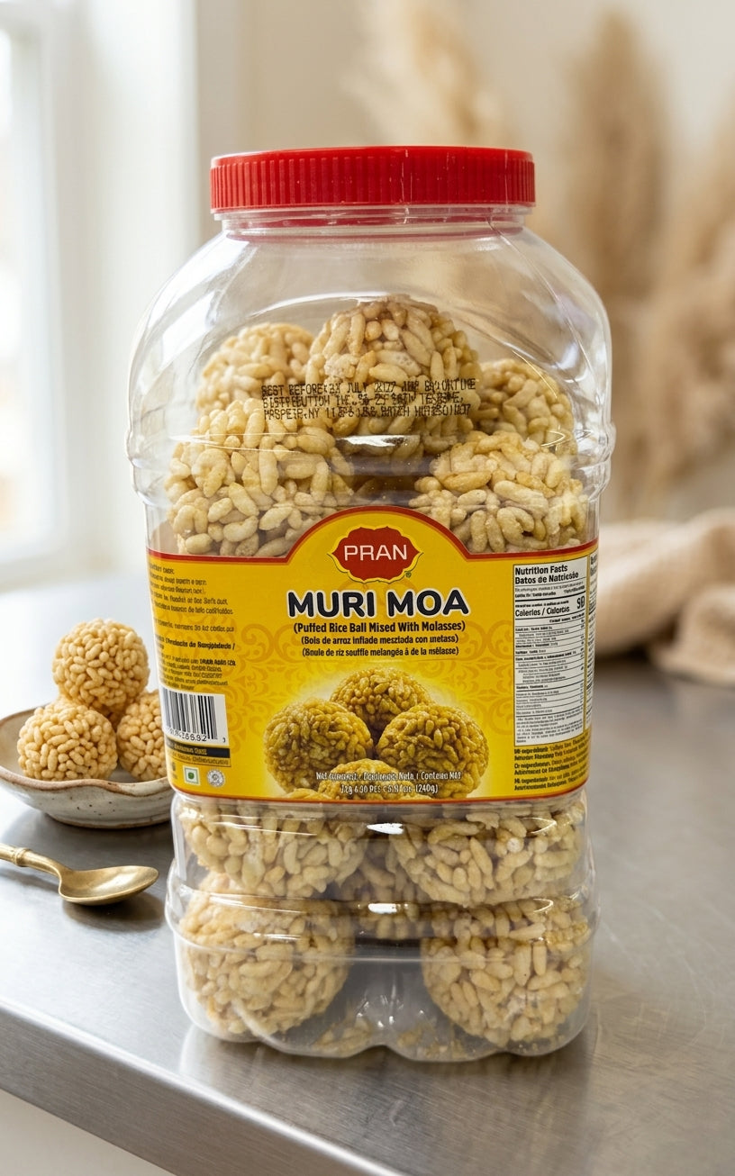 A large clear plastic jar of Pran Muri Moa rice balls with a red lid and yellow label, set on a countertop with a small bowl of rice balls and a spoon nearby.