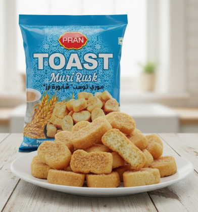 Bag of Pran Toast Muri Rusk with snacks on a plate against a blurred indoor background