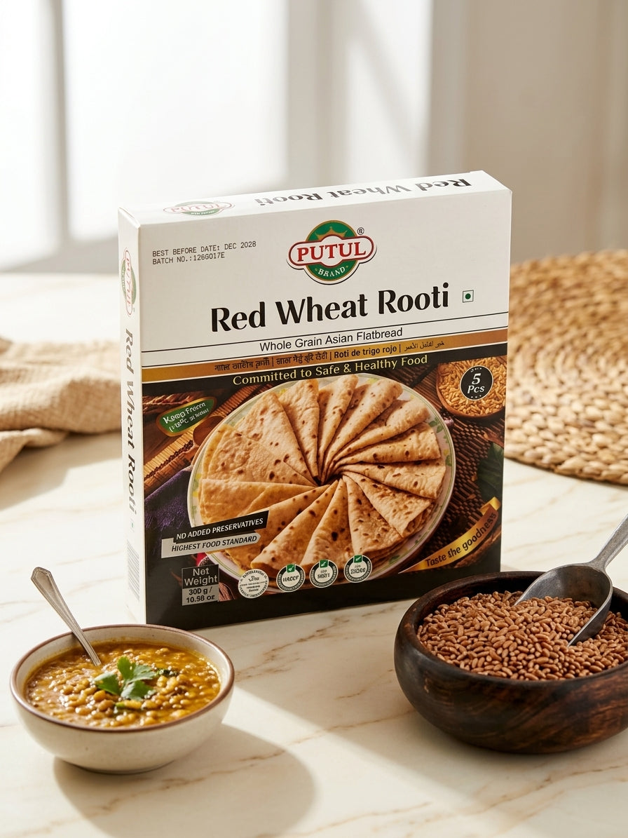 A box of Putul Red Wheat Rooti whole grain Asian flatbread is displayed on a marble countertop with a bowl of prepared flatbread, a bowl of red wheat seeds, and a spoon.