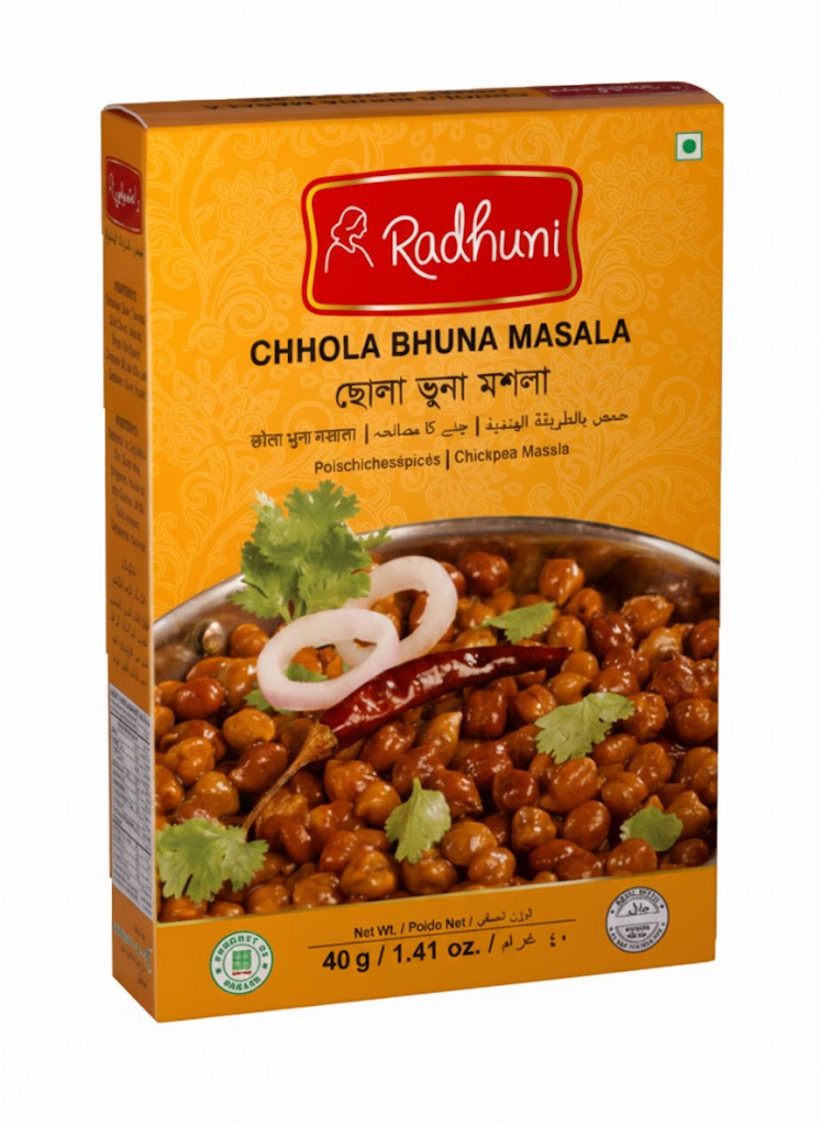 Box of Radhuni Chhola Bhuna Masala with an image of chickpeas and spices on a white background