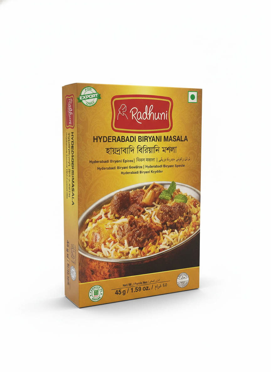 Box of Radhuni Hyderabadi Biryani Masala on a white background