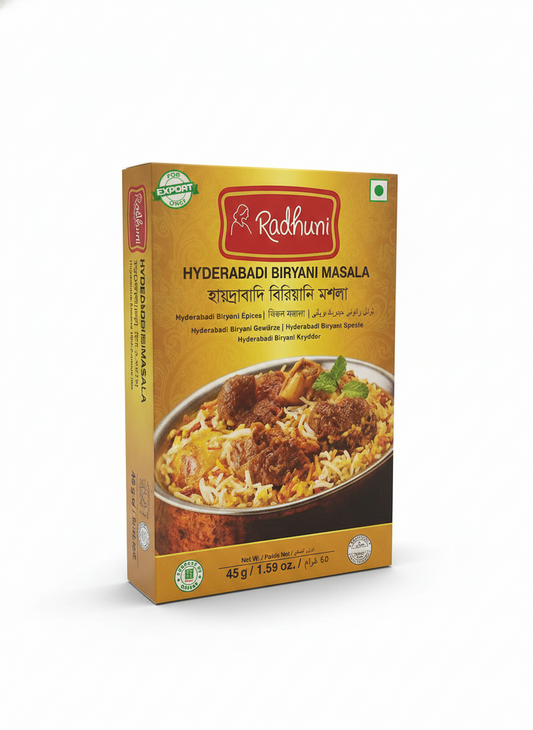 Box of Radhuni Hyderabadi Biryani Masala on a white background