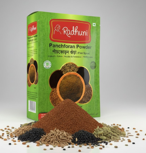 Box of Radhuni Panchforan Powder with spices on a white background