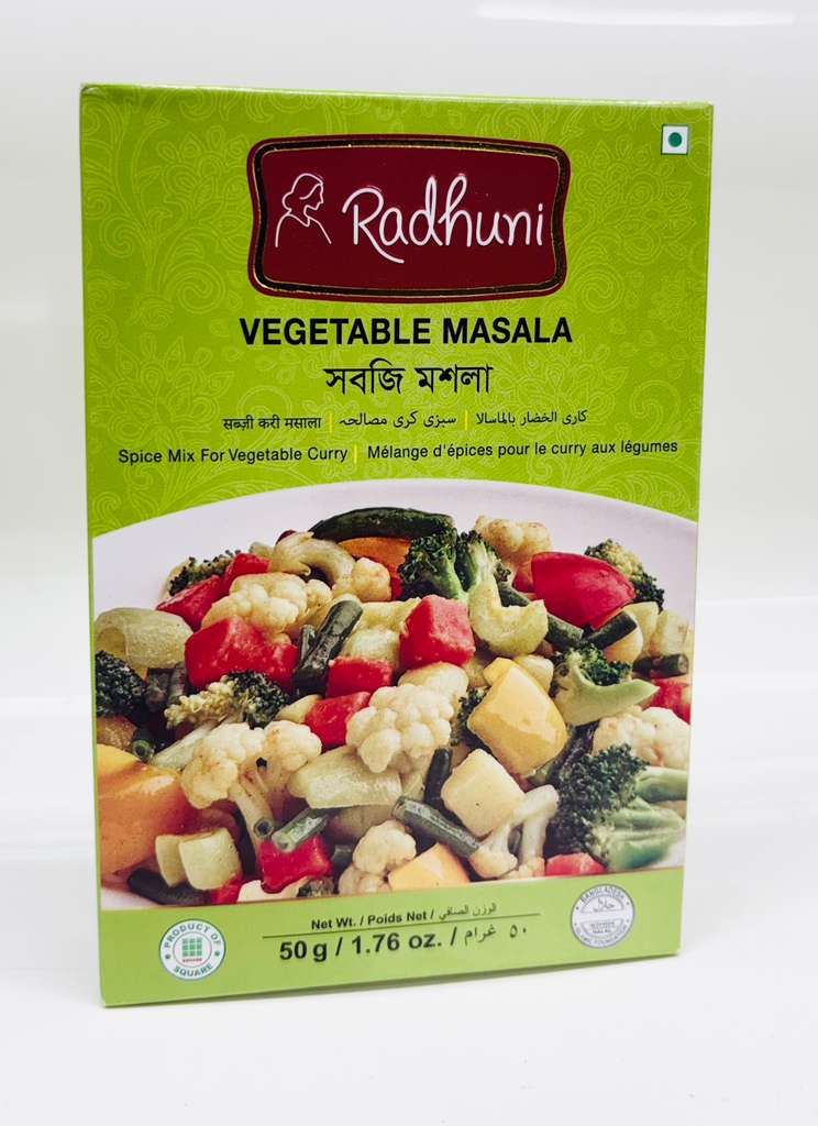 Box of Radhuni Vegetable Masala spice mix with a picture of vegetables on a white background
