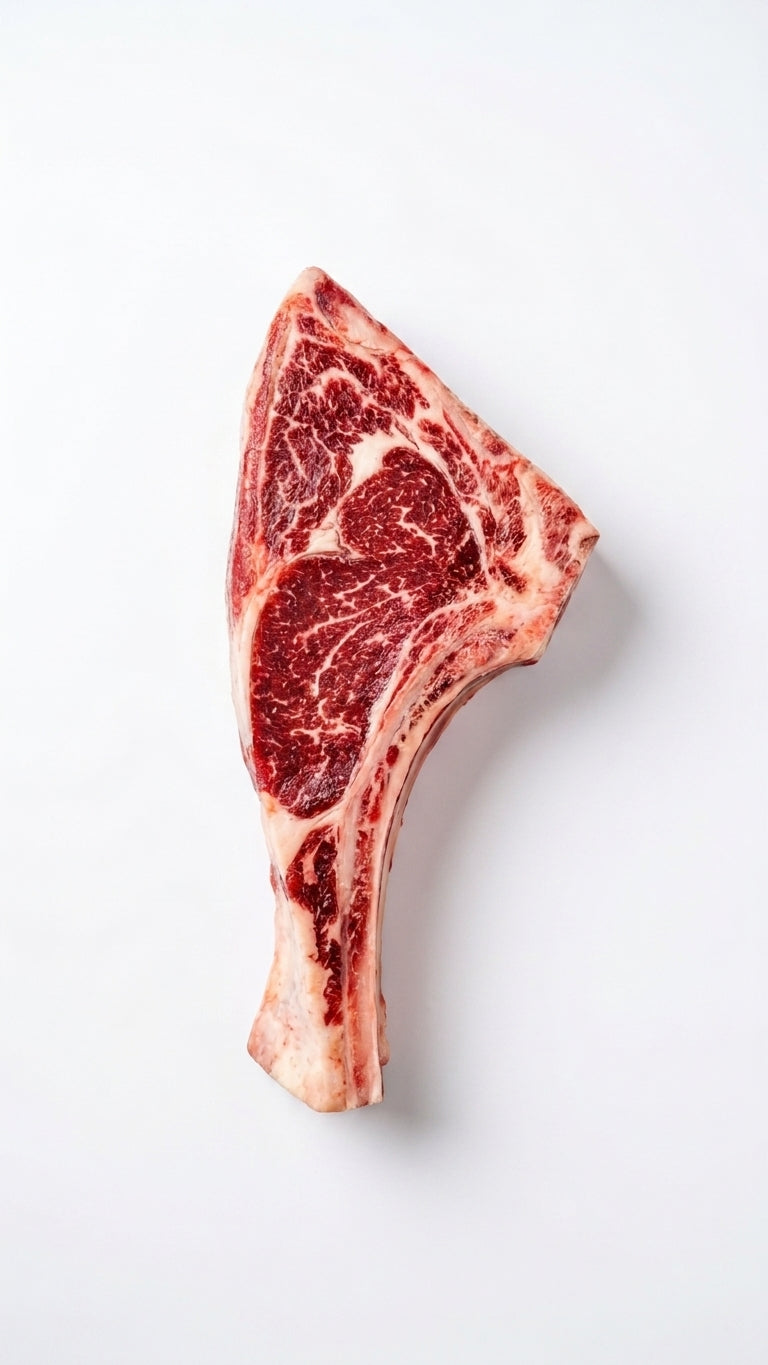 A raw ribeye steak with prominent marbling and a bone, photographed from above on a clean white background.