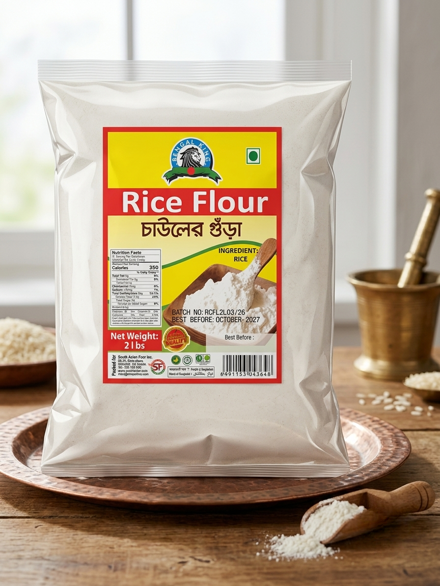 A 2 lb bag of branded Rice Flour displayed on a copper plate on a rustic wooden table with a mortar and pestle and loose rice scattered nearby.