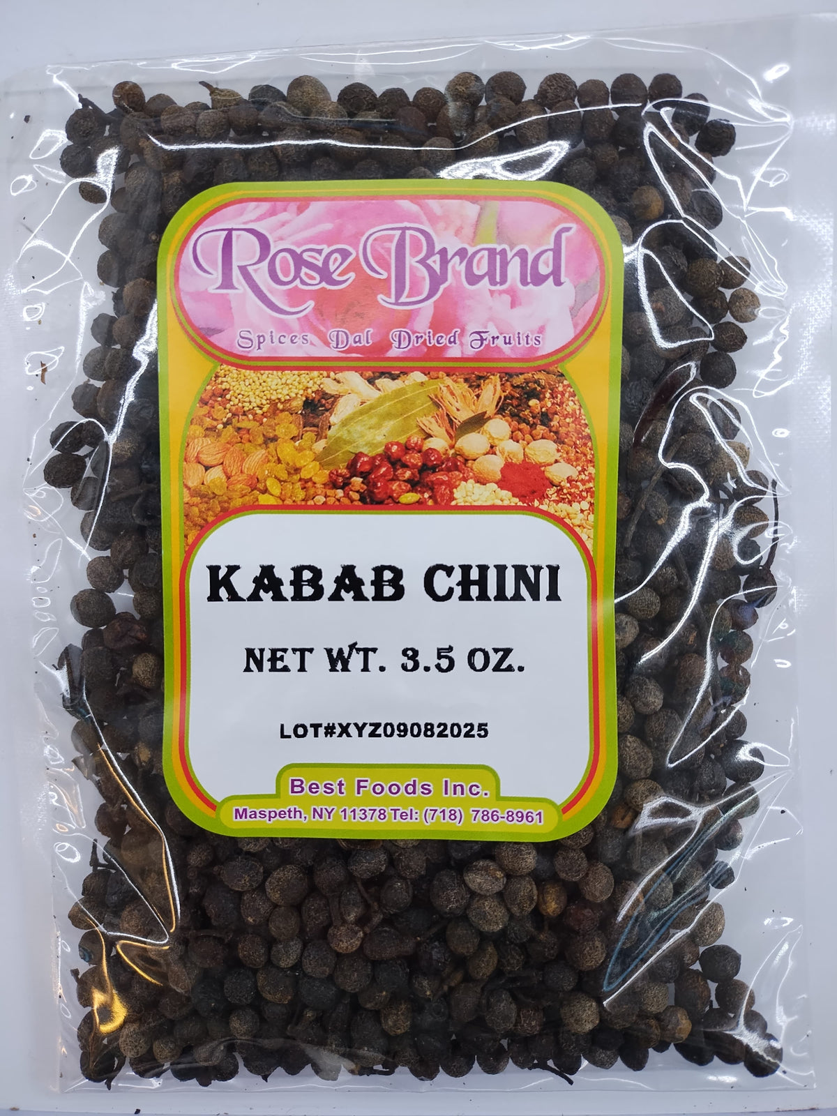 Packaged spice mix labeled 'Kabab Chini' with 'Rose Brand' branding on a clear background.