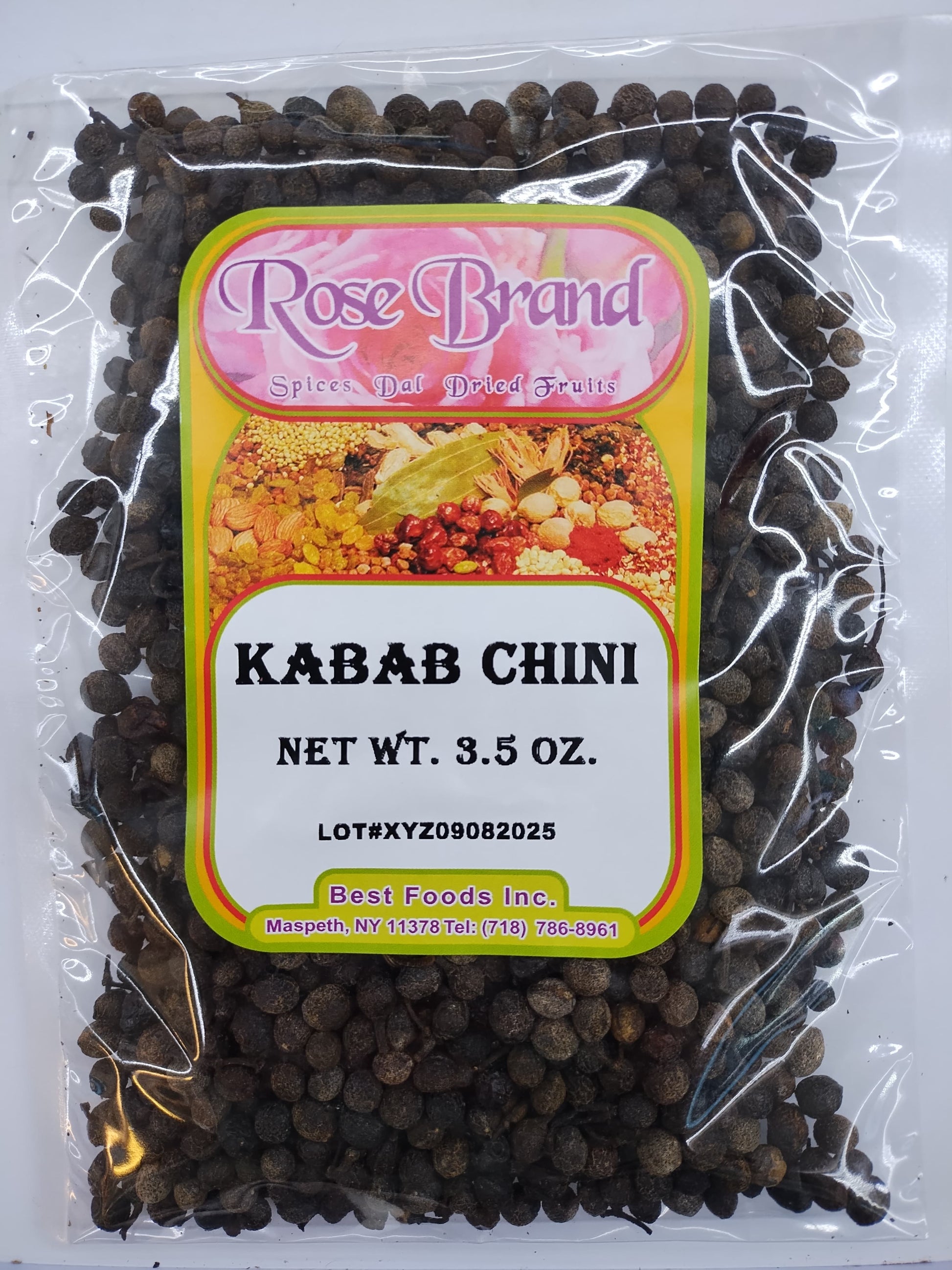 Packaged spice mix labeled 'Kabab Chini' with 'Rose Brand' branding on a clear background.
