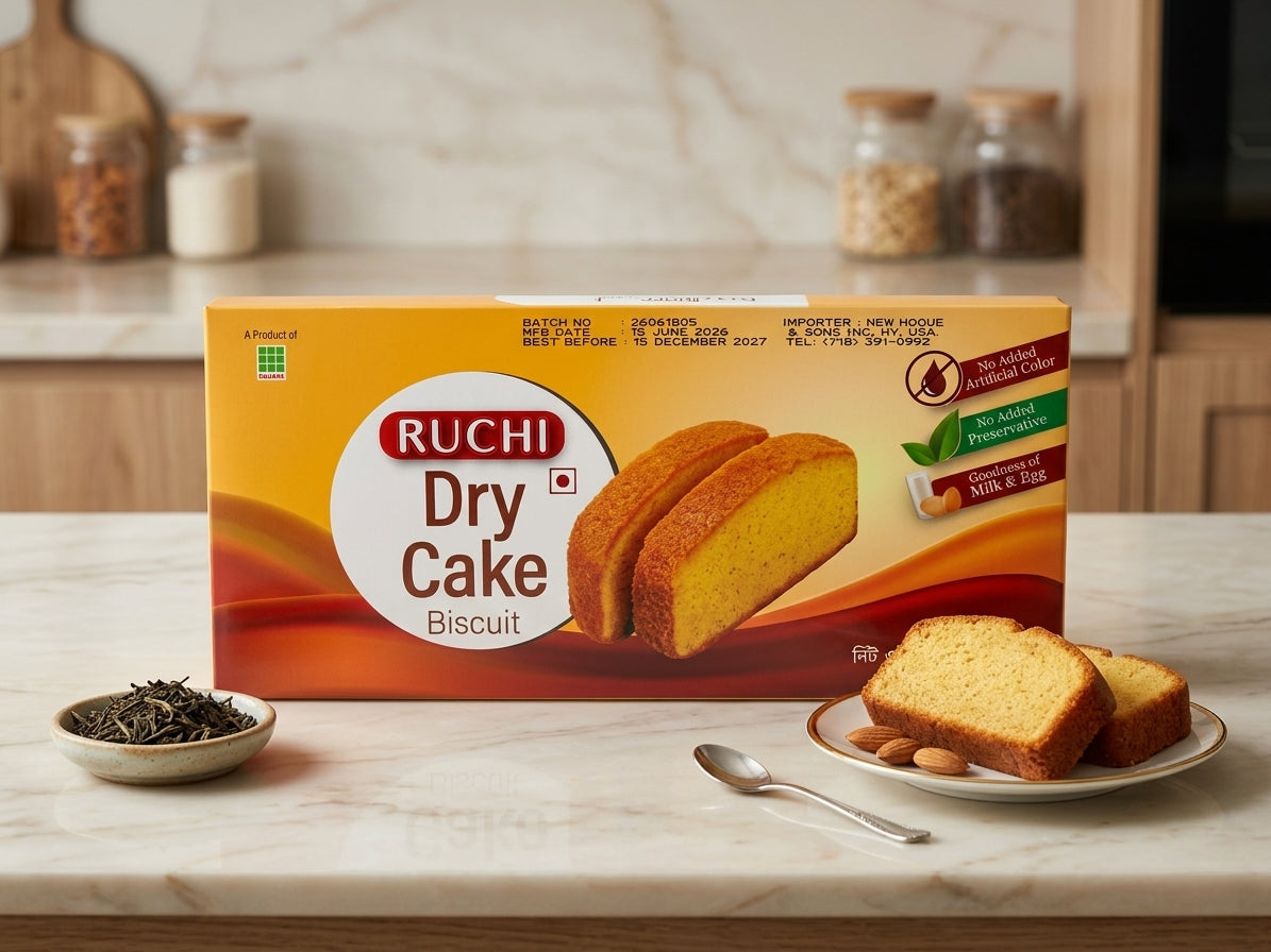 A box of Ruchi Dry Cake Biscuit placed on a marble countertop, with two sliced golden-brown cake pieces on a small plate and a spoon nearby. The background shows a softly blurred kitchen setting with jars and cabinets.