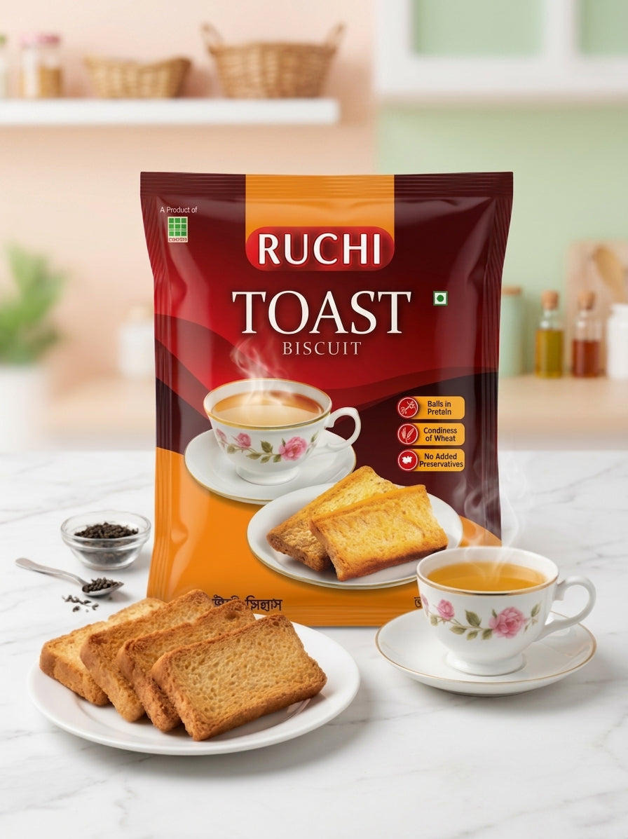 A bag of Ruchi Toast Biscuit stands on a white marble surface with several golden-brown toast slices in front and a cup of tea on a saucer to the right. The package is dark red and orange with the brand name RUCHI and product name TOAST BISCUIT clearly visible.