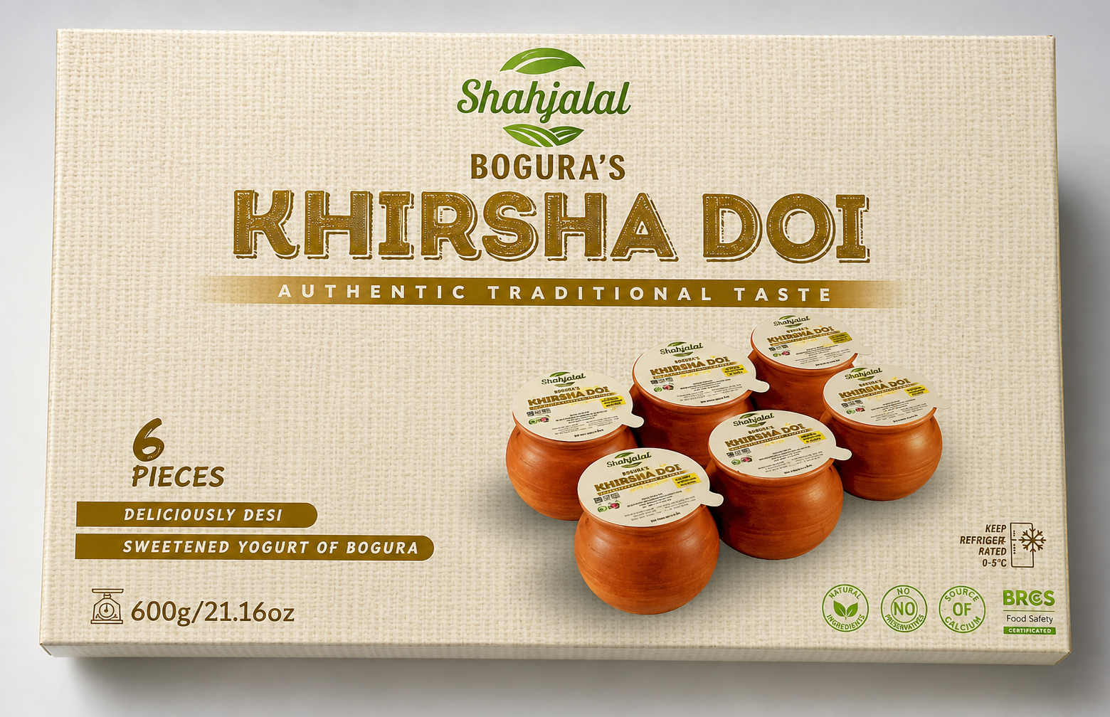 Box of Shahjalal Bogura's Khirsha Doi with yogurt pots on a light gray background