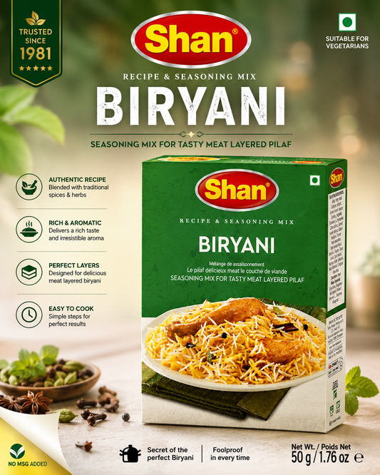 Shan Biryani seasoning mix packaging with ingredients and dish on a blurred background